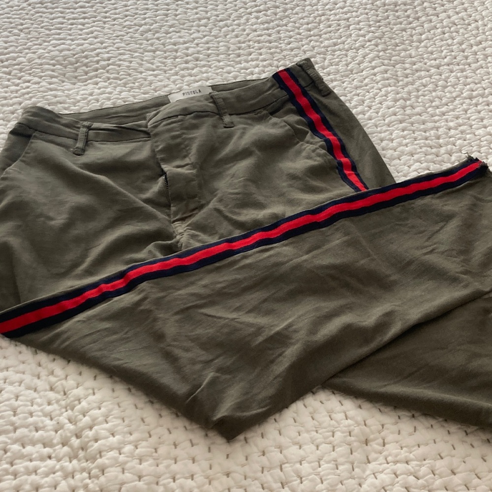 Pistola Olive Green Mossy Red Navy Stripe Ankle Jeans Womens Sz 29 Cotton Blend